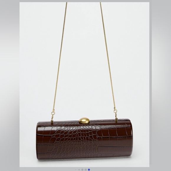 ZARA Brown Croc Embossed Clutch with Gold Chain